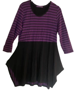 CUT LOOSE Asymmetrical Hem Knit Tunic Top Black w/ Purple Stripes Lagenlook  M - Picture 1 of 5