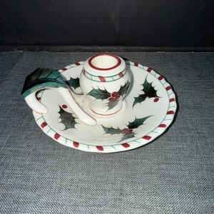 Vintage Lefton Holly Berry & Candy Cane Candle Holder - Picture 1 of 2