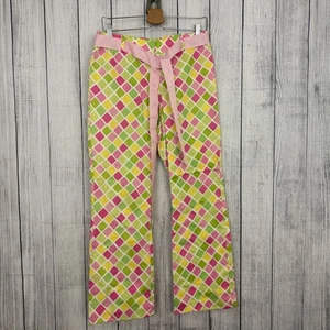 Molly B Women's Size 6 Pink & Green Diamond Print 100% Cotton Belted Pants Retro - Picture 1 of 6