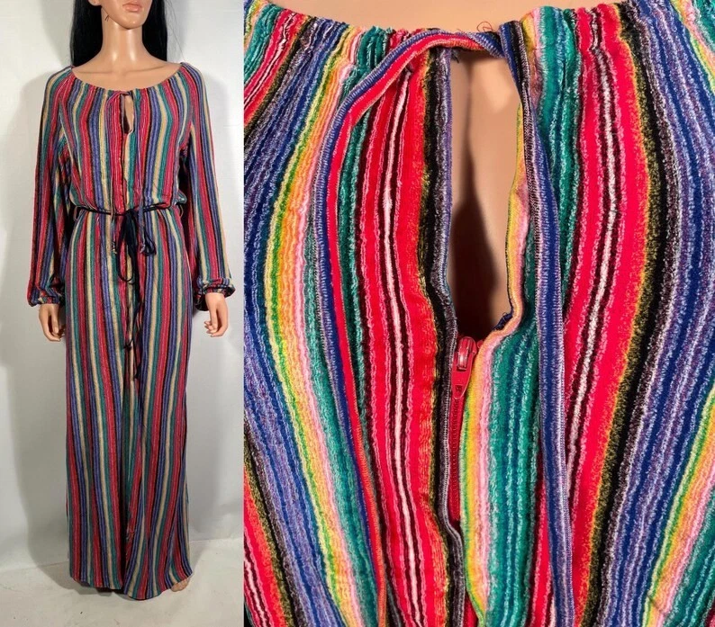 Maxi Vestido Vintage Años 70 Terciopelo Rayas Cremallera Cerradura Ropa de Salón Bata Talla M Foto 1 de 4