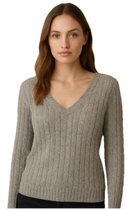 Ralph Lauren adretter Pullover V-Ausschnitt silber metallic Zopfmuster Seidenmischung 2X neu mit Etikett - Bild 1 von 6