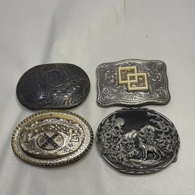 LOTE MIXTO, HEBILLAS DE CINTURÓN VINTAGE DE LATÓN Y PELTRE.  Lote de 4 plateados Foto 1 de 4