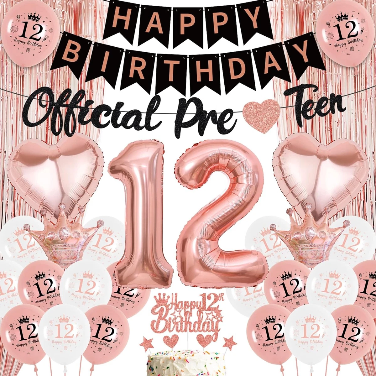 Rose Gold 12th Birthday Decorations Kit - Complete Party Balloon & Banner Set