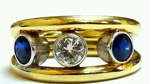 Anillo de boda elegante de tres piedras de oro amarillo de 14 K de diamantes y zafiro de 1,13 quilates - Imagen 1 de 3