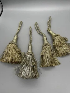 Lot 4 Vintage Silk Curtain Tassels Tie Backs Silver Gold Threads - Picture 1 of 6