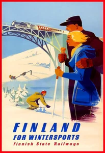 Skifahren Poster Finnland für den Wintersport Finnische Staatsbahnen Druck Skiposter - Bild 1 von 1
