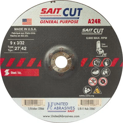 Rodas de corte United Abrasives 22066 9x3/32x7/8 A24R uso geral pacote com 25 - Imagem 1 de 3