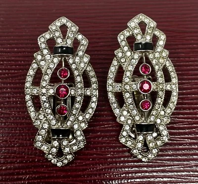 Pendientes de clip estilo Art Deco de colección con estrás rojo esmalte negro tono plata Foto 1 de 4