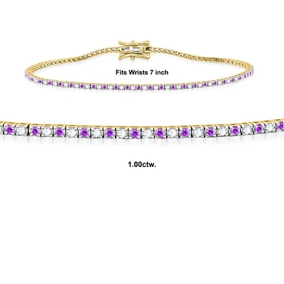 Lab Grown Diamond & Genuine Amethyst 14K Solid Yellow Gold Tennis Bracelet 1Ct - Image 1 of 4