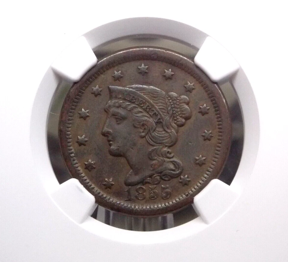 1855 Braided Hair Large Cent *UPRIGHT 55* 1c NGC AU Details #045 About Unc ECC&C - Image 1 of 4
