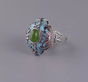 I05 Ring Silber 925 grüner Jaspis umgeben von Blüten Cloisonne größenverstellbar - Bild 1 von 5