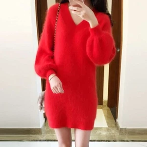 Femme Faux Mohair Robe Pull Moelleux Pull Lanterne Manche Pull Chaud - Picture 1 of 17