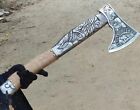 Handmade Etched Carbon Steel Viking Throwing Axe - Ashwood Carved Paracord Wrap