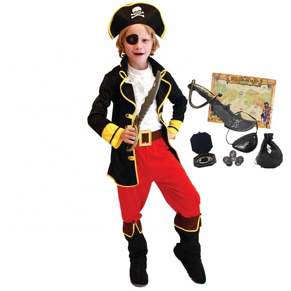 Kids Pirate Costume Boys Fancy Dress Up Set Halloween Party Role Play Cosplay - Image 1 of 4