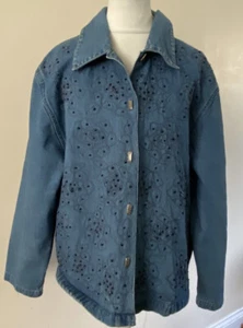 Women's Denim Jacket Size 10-12 Medium Embroidered Beading Vintage - Picture 1 of 5