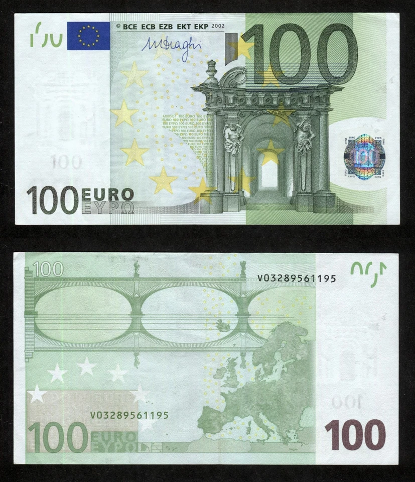 Spain 2002 - 100 euro - Pick 18v XF Signature - Draghi Prefix V03289561195 - Image 1 of 1