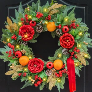 Pre-Lit Christmas Wreaths for Front Door- 24 Inch Outdoor Christmas Wreath with  - Foto 1 di 12