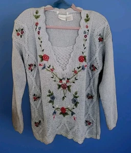 Vtg Women's Bobby Brooks Hand Knitted Sweater LARGE 80's 90's Embroidered - Picture 1 of 4