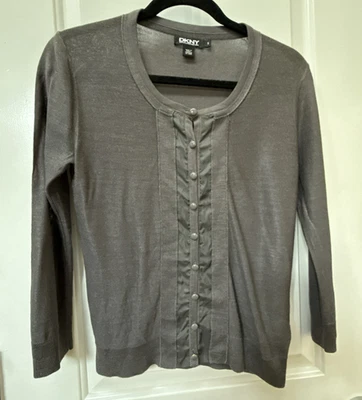 Cárdigan Suéter DKNY Para Mujer Pequeño Marrón Seda Manga Larga Ajustado Lujo Preppy Foto 1 de 4