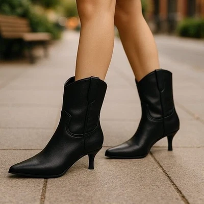 NEW Steven New York Bana Black Pointed Toe Black Western Stiletto Bootie 8 - Image 1 of 4