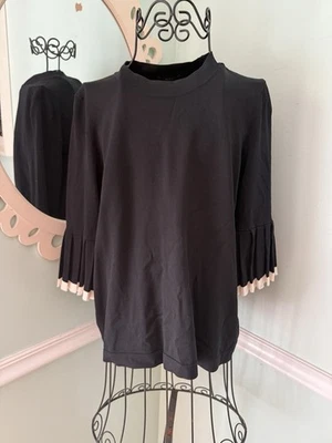 COS Knit Top Sz M Black Pleated 3/4 Bell Sleeve Career Business Stretchy EUC - Image 1 of 4