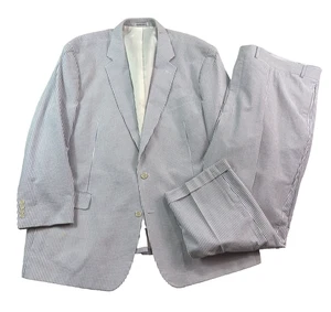 Geoffrey Beene 58L 56x30 2pc Pant Suit Blue White Striped Seersucker Cotton - Picture 1 of 16