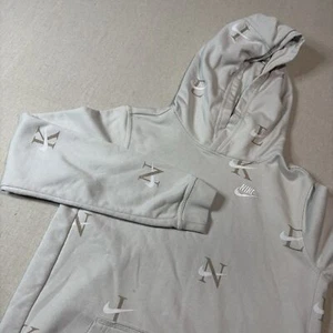 Nike Club Fleece Hoodie Youth XL Beige All Over Print Monogram Swoosh DX5699-100 - Picture 1 of 6