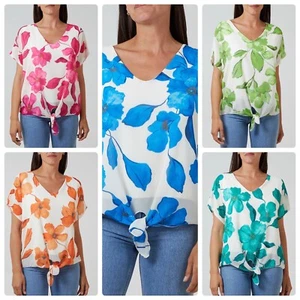 New Ladies Made In Italy Floral Watercolour Tie Front Blouse Top BNWT - Picture 1 of 16