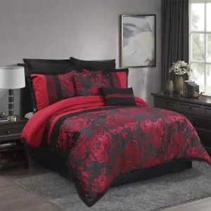 HIG 8 Piece Tang Jacquard Fabric Patchwork Burgundy Comforter Set - Queen King - Picture 1 of 16