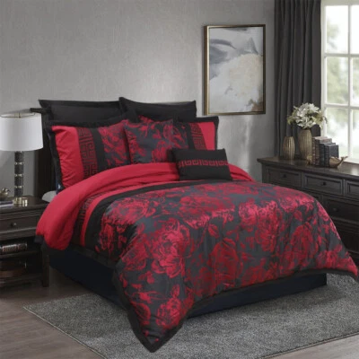 HIG 8 Piece Tang Jacquard Fabric Patchwork Burgundy Comforter Set - Queen King