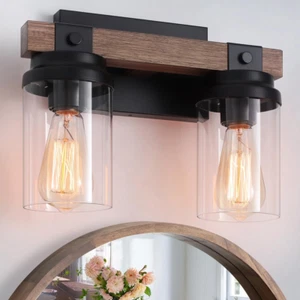 Farmhouse Wood Vanity Light, 2-Light Rustic Black Bathroom Light Fixtures over M - Picture 1 of 8
