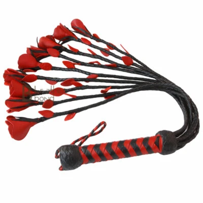 LB'S WHIP Real Genuine Cow Hide Leather Flogger 9 Braided Falls & Red Roses Heavy Duty