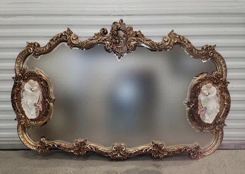 Vintage French Italian Rococo Louis XV Style Gold Wall Mantle Mirror w Figures Cover
