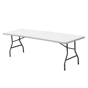 8' Plastic White Folding Table w/Handle Lock Beach Family Picnic Indoor Outdoor