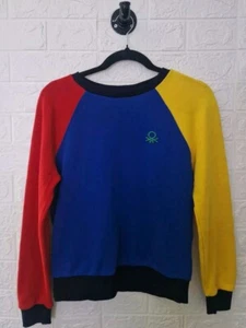 BENETTON Womens XS 8 Girls Age 12/13 Graphic Sweatshirt Jumper Multi Colourblock - Picture 1 of 6