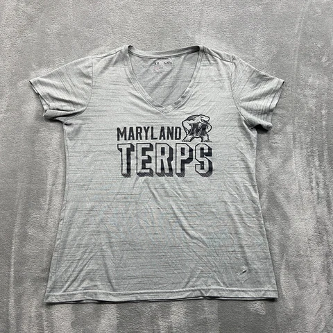 Maryland Terrapins Shirt Women's M Gray Short Sleeve Under Armour Heat Gear Logo Cover