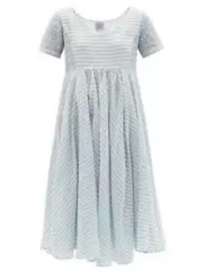 THIERRY COLSON ROMY BLAU & WEISS GESMOKTES GESTREIFTES MIDIKLEID AUS BAUMWOLLVOILE GR.S - Bild 1 von 6