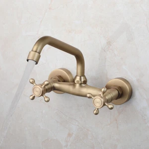 360°Swivel Bathroom Faucet Antique Brass Dual Handles Mixer Wall Mount Basin Tap - Picture 1 of 13