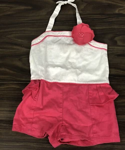 Janie Jack SUMMER ROSE Rosette Colorblock Outfit Romper Pink White Flower 4 4T - Picture 1 of 11