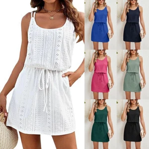 Womens Holiday Strappy Mini Dress Casual Summer Beach Lace Up Pockets Dresses UK - Picture 1 of 33