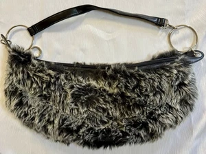 Y2K Faux Fur Baguette Shoulder Bag Black Gray NWOT ASO Carrie Bradshaw - Picture 1 of 7