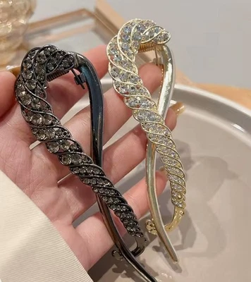 Set Of 2 Women’s Twist Clip Hair Pins S - Shape Gold & Onyx Toned With Gemstones - Image 1 of 4