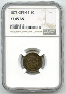 1873 Indian Head Cent Penny Open 3 NGC XF 45 BN Certified - P678 - Picture 1 of 2