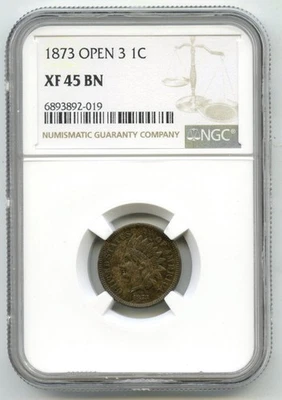 1873 Indian Head Cent Penny Open 3 NGC XF 45 BN Certified - P678 - Image 1 of 2