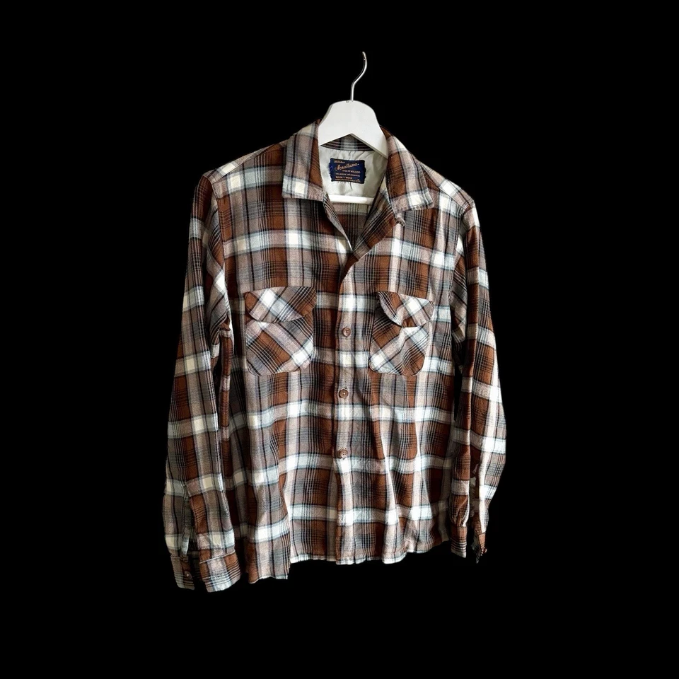 复古 20 世纪 50 年代 Acrallama Milliken Flap 口袋格子衬衫 尺寸 M 羊毛 Acrylam — 第 1/4 张图片