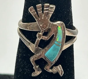 Kokapelli Dancer Navajo Native American Sterling Silver Turquoise Opal Ring - Picture 1 of 5
