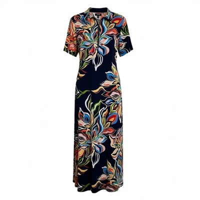 MSK 液体针织长裙粗花印花拉链领短袖海军蓝 XL — 第 1/4 张图片