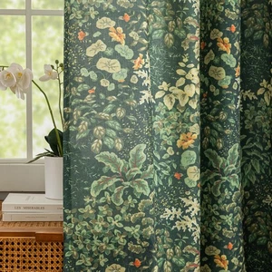 Green Floral Curtains 84 Inches Long 2 Panels Vintage Cottagecore Botanical C.. - Picture 1 of 7