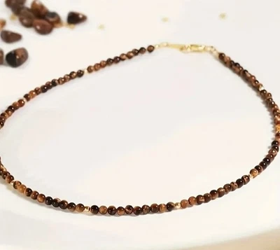 ✅ Tigerauge Edelstein Halskette 3mm Natur Stein Perlen Kette Damen Boho Gold✅ - Bild 1 von 4