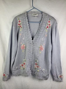 Vintage Koret Pastel Blue Cardigan Embroidered Floral Accents Button front XL - Picture 1 of 14